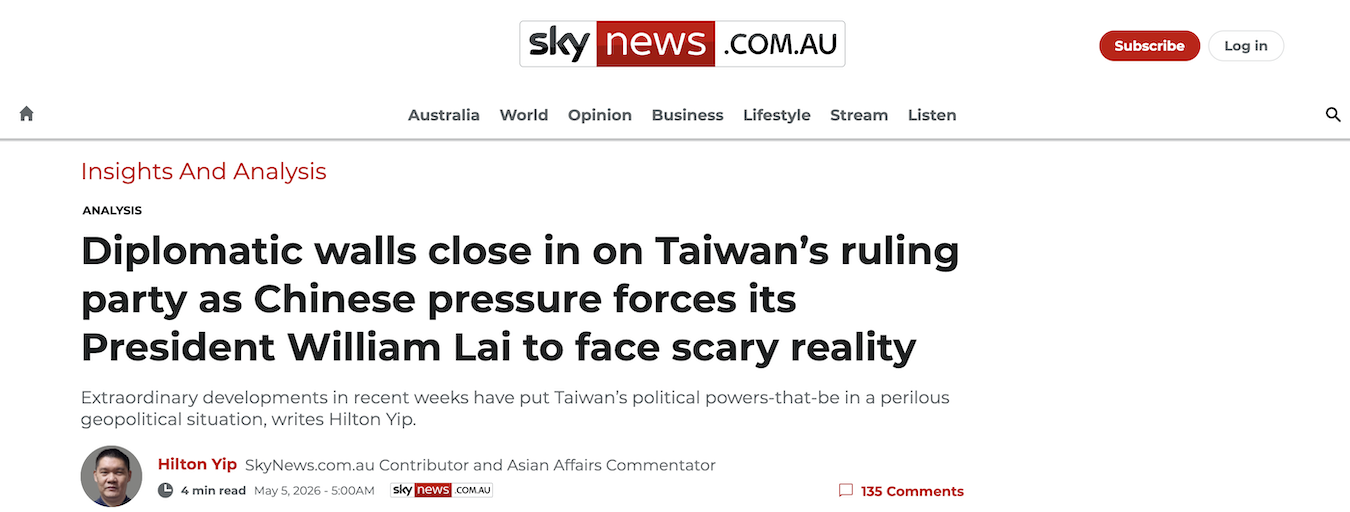 Sky News Op-Ed Echoes Deep Blue Talking Points On Lai’s Eswatini Trip, Prospects of Unification